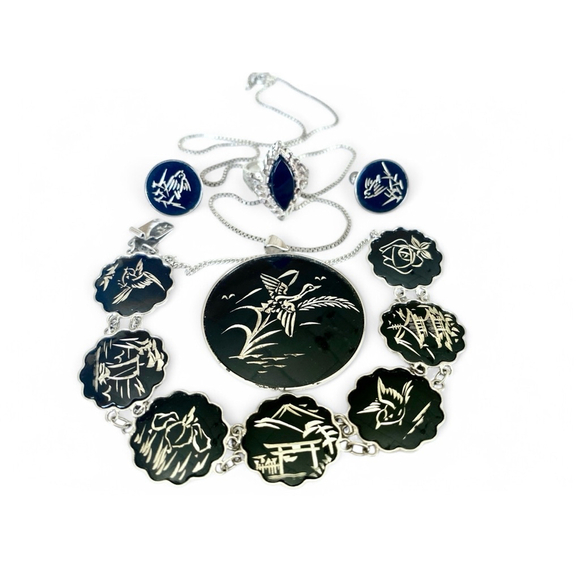Vintage Amita Japan Damascene Jewelry Set Lot Black Silver Sterling Parure - Picture 4 of 9